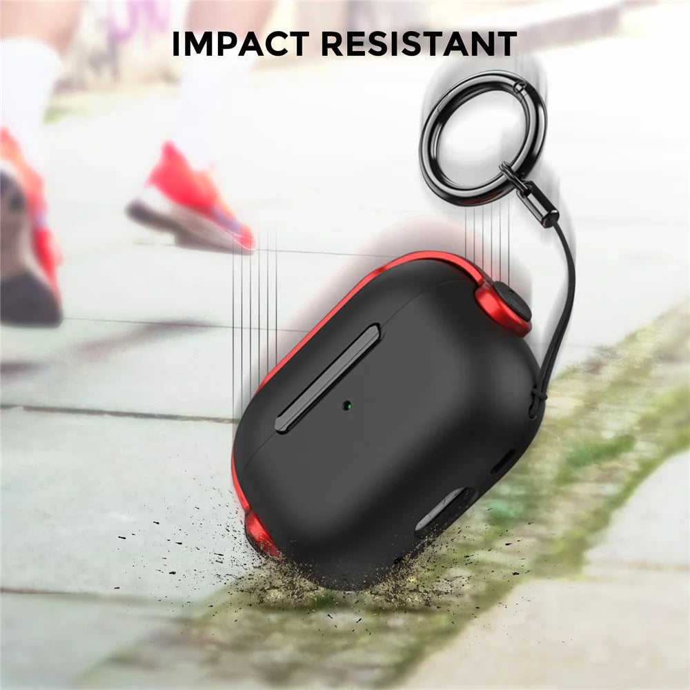 AHASTYLE WG109 For Apple AirPods Pro / Pro 2 Case TPU Bluetooth-Compatible Earphone Protective Cover with Strap - Black + Red - 3