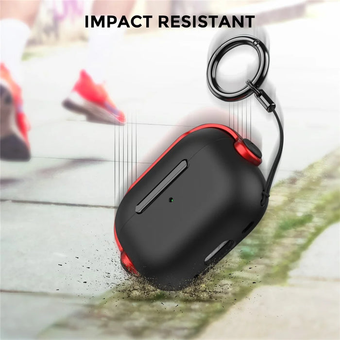 AHASTYLE WG109 For Apple AirPods Pro / Pro 2 Case TPU Bluetooth-Compatible Earphone Protective Cover with Strap - Black + Red - 3
