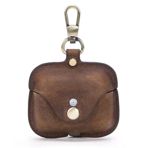CONTACTS FAMILY Vintage Style Crazy Horse Texture Bluetooth-compatible Earphone Genuine Leather Protective Case Cover with Key Chain for Apple AirPods Pro - Coffee - 1