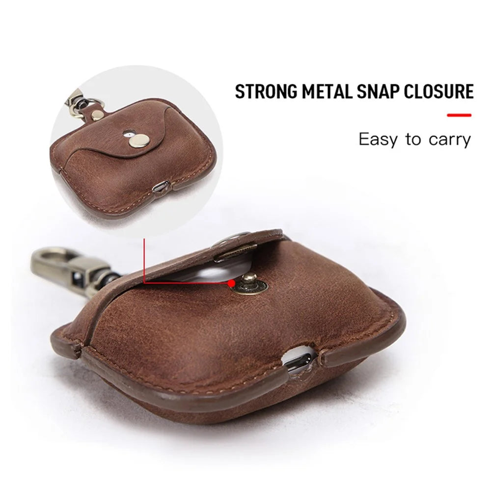 CONTACTS FAMILY Vintage Style Crazy Horse Texture Bluetooth-compatible Earphone Genuine Leather Protective Case Cover with Key Chain for Apple AirPods Pro - Coffee - 3