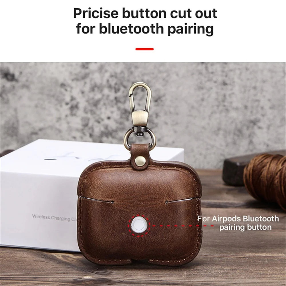 CONTACTS FAMILY Vintage Style Crazy Horse Texture Bluetooth-compatible Earphone Genuine Leather Protective Case Cover with Key Chain for Apple AirPods Pro - Coffee - 4