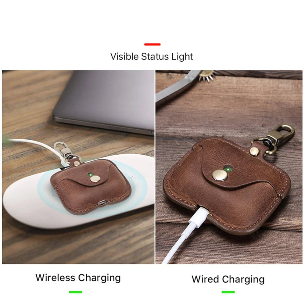 CONTACTS FAMILY Vintage Style Crazy Horse Texture Bluetooth-compatible Earphone Genuine Leather Protective Case Cover with Key Chain for Apple AirPods Pro - Coffee - 5