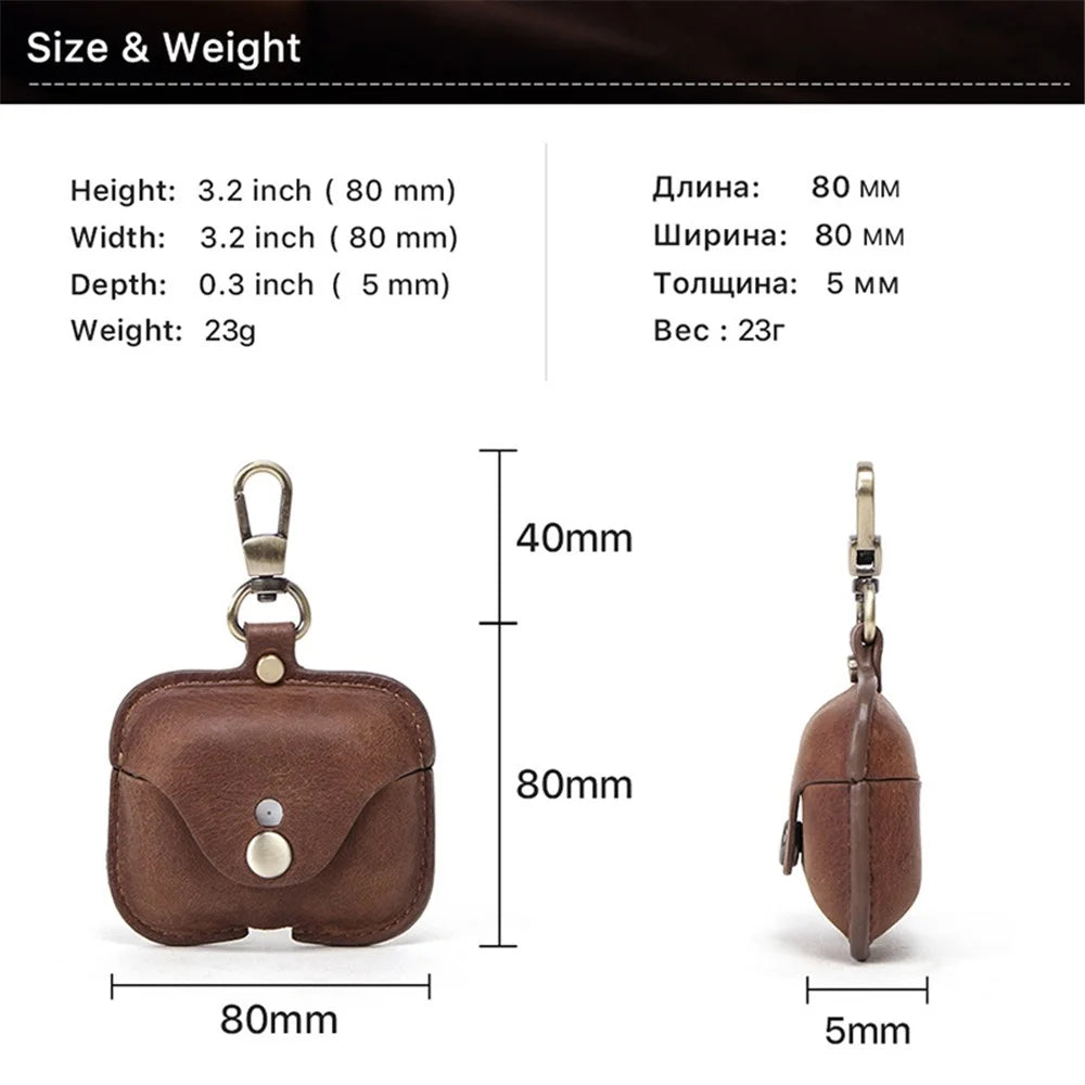 CONTACTS FAMILY Vintage Style Crazy Horse Texture Bluetooth-compatible Earphone Genuine Leather Protective Case Cover with Key Chain for Apple AirPods Pro - Coffee - 6
