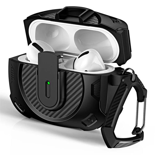 COTECI For AirPods 4 Battle Armor Case Carbon Fiber PC + TPU Earphone Cover with Carabiner - Black - 1