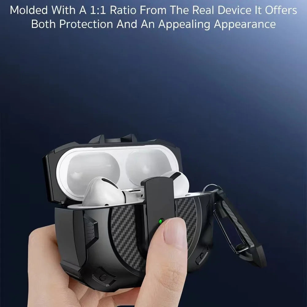COTECI For AirPods 4 Battle Armor Case Carbon Fiber PC + TPU Earphone Cover with Carabiner - Black - 3