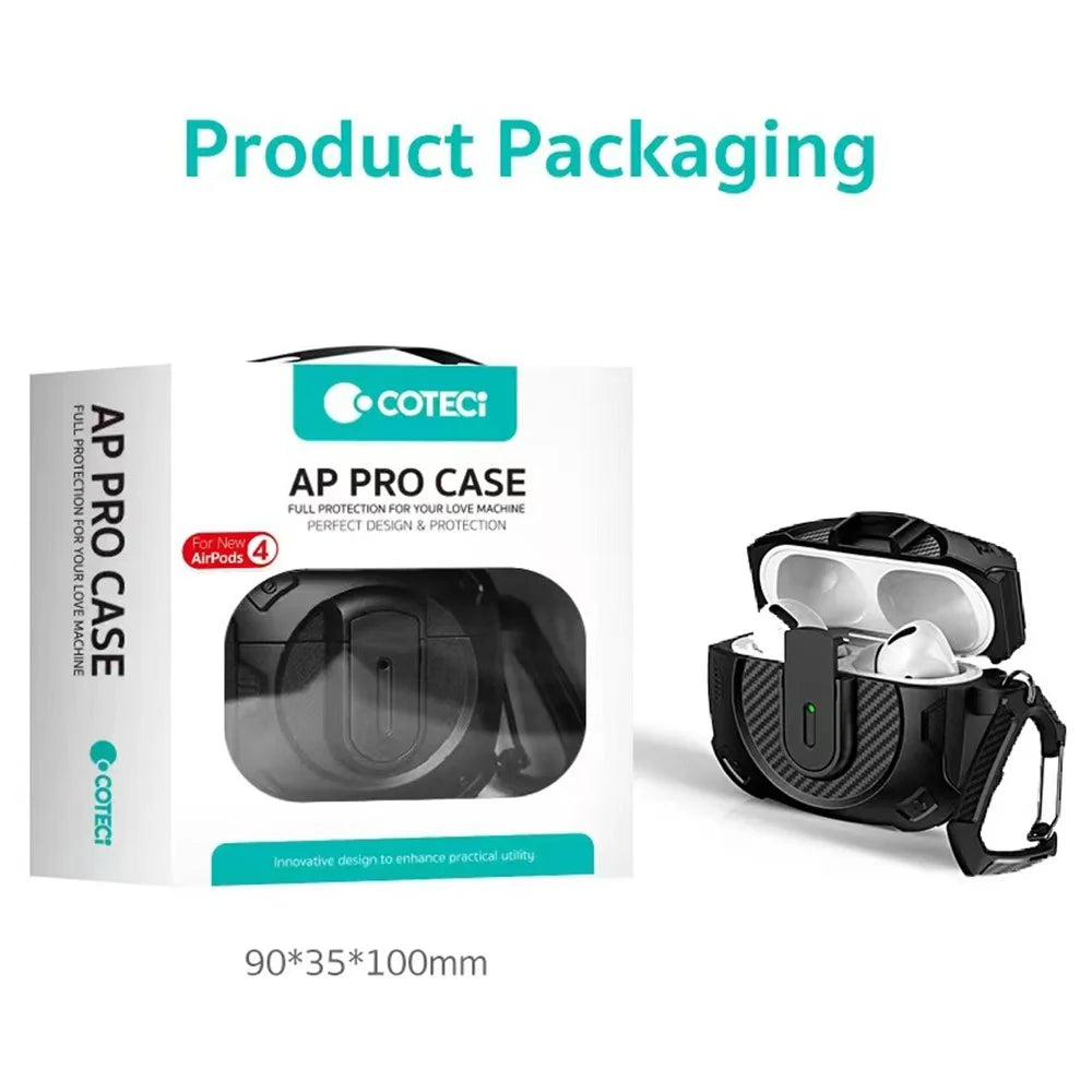 COTECI For AirPods 4 Battle Armor Case Carbon Fiber PC + TPU Earphone Cover with Carabiner - Black - 6