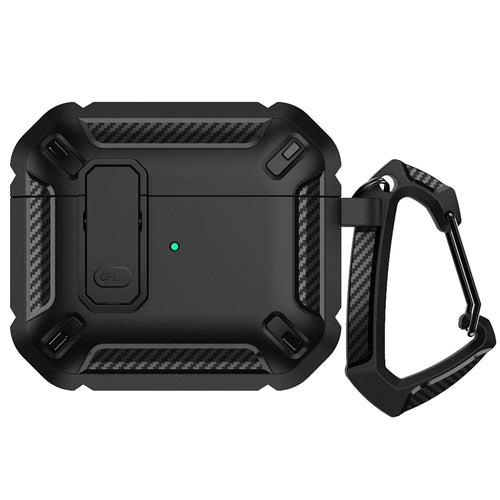 COTECI For AirPods 4 Earbud Case Carbon Fiber PC + TPU Earphone Cover with Carabiner - Black - 1