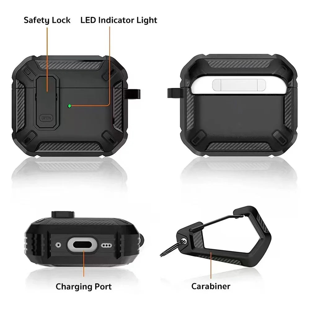 COTECI For AirPods 4 Earbud Case Carbon Fiber PC + TPU Earphone Cover with Carabiner - Black - 4