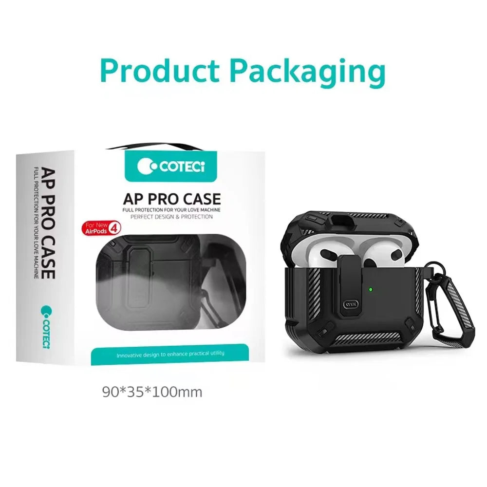 COTECI For AirPods 4 Earbud Case Carbon Fiber PC + TPU Earphone Cover with Carabiner - Black - 7