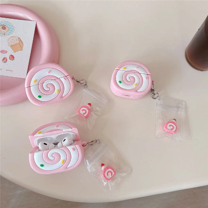For Apple AirPods Pro 3 Earphone Cover Pink Swiss Roll Shape PVC Protective Case with Pendant - 7