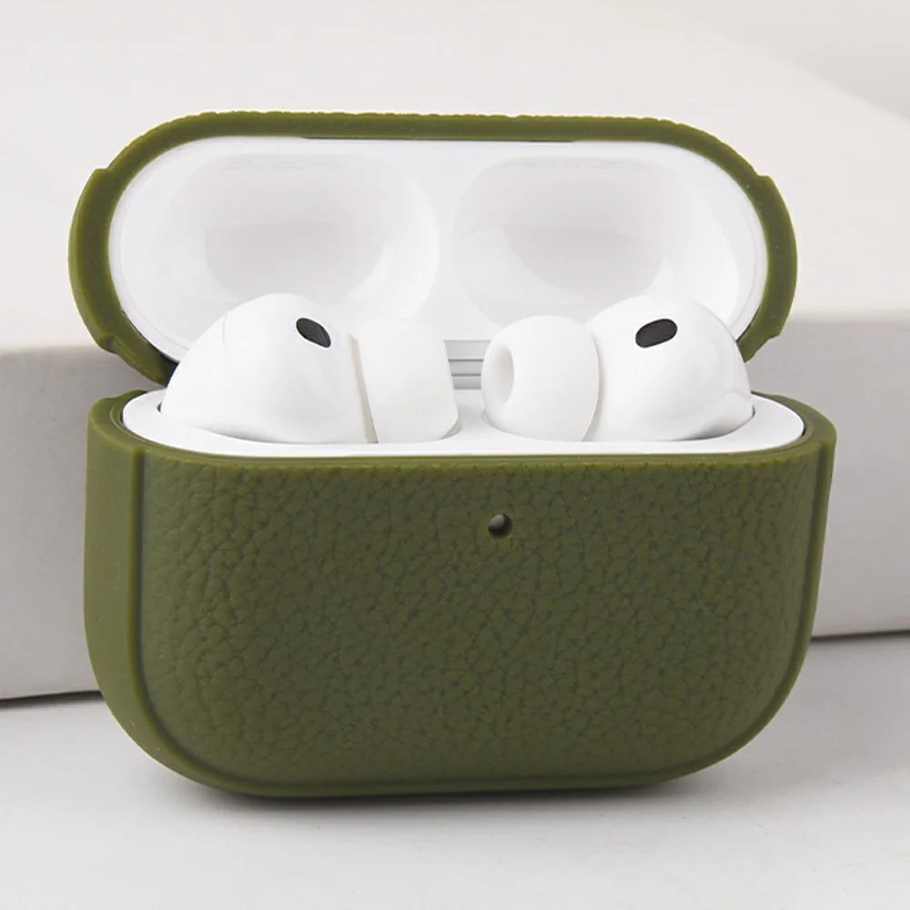 Bulk Purchasing For AirPods Pro 3 Case Faux Leather Textured TPU Earbuds Protective Cover with Strap Ring - Army Green - 2