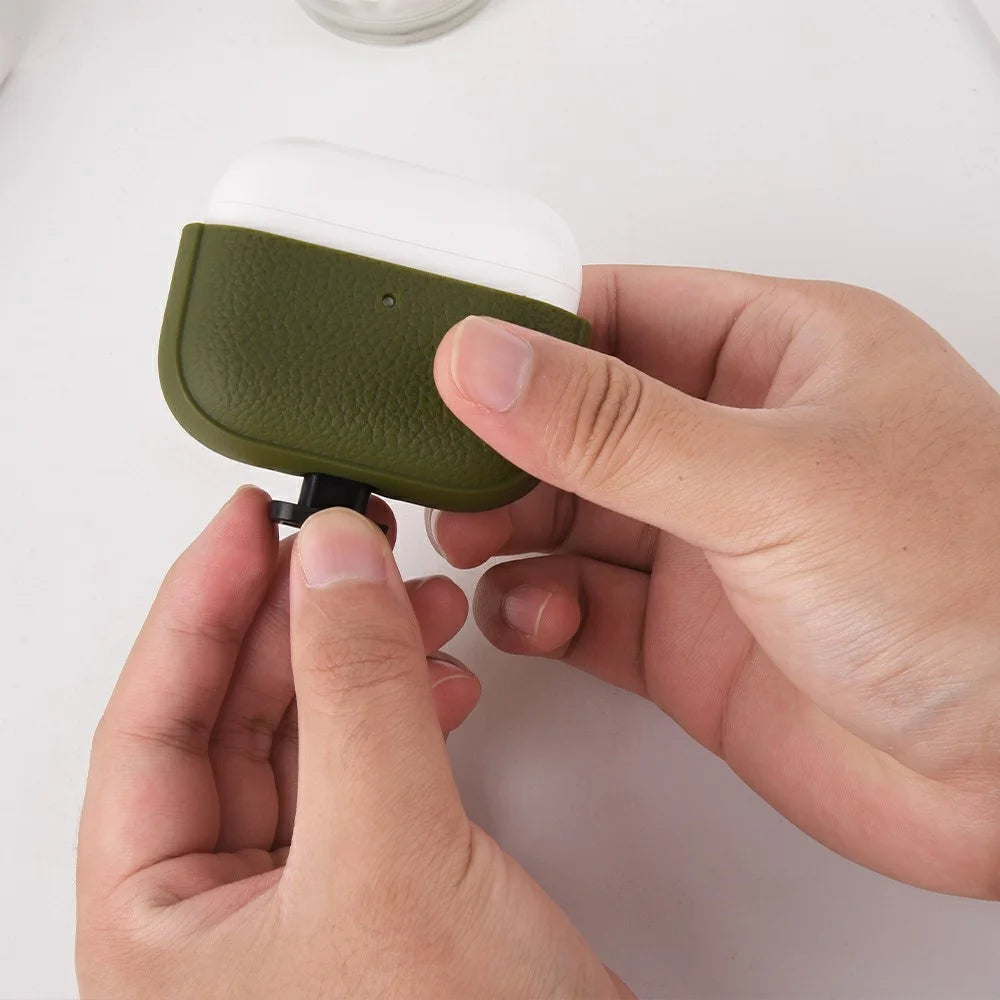Bulk Purchasing For AirPods Pro 3 Case Faux Leather Textured TPU Earbuds Protective Cover with Strap Ring - Army Green - 6