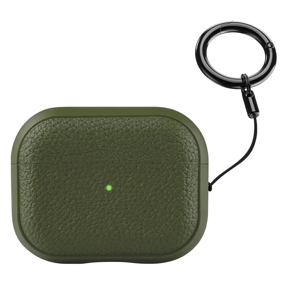 Bulk Purchasing For AirPods Pro 2 Case Faux Leather Textured TPU Earbuds Protective Cover with Strap Ring - Army Green - 1