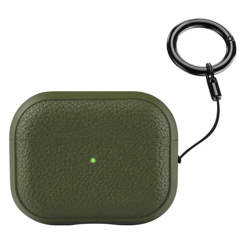 Bulk Purchasing For AirPods Pro 2 Case Faux Leather Textured TPU Earbuds Protective Cover with Strap Ring - Army Green - 1