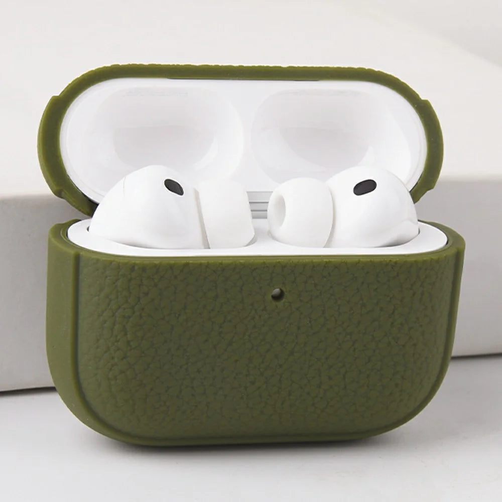 Bulk Purchasing For Apple AirPods Pro Case Faux Leather Textured TPU Earbuds Protective Cover with Strap Ring - Army Green - 2