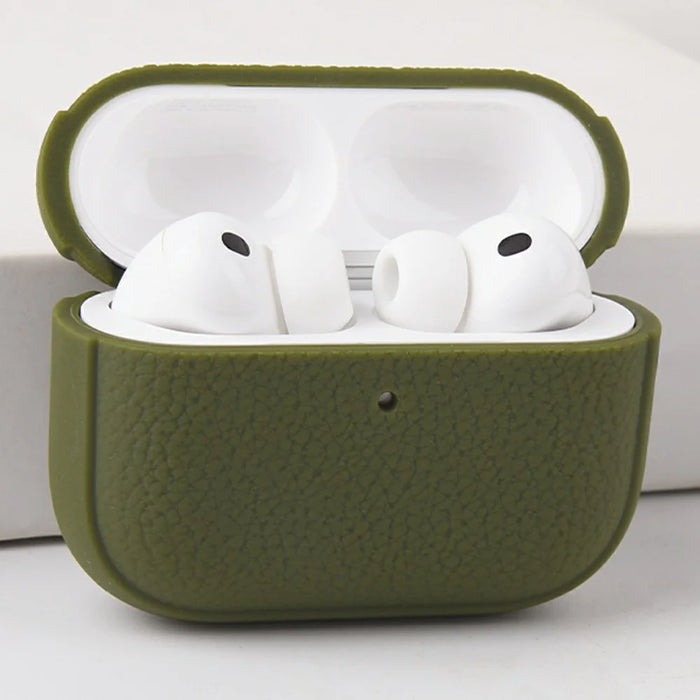 Bulk Purchasing For Apple AirPods 3 Case Faux Leather Textured TPU Earbuds Protective Cover with Strap Ring - Army Green - 2