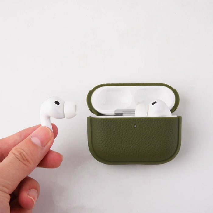 Bulk Purchasing For Apple AirPods 3 Case Faux Leather Textured TPU Earbuds Protective Cover with Strap Ring - Army Green - 5