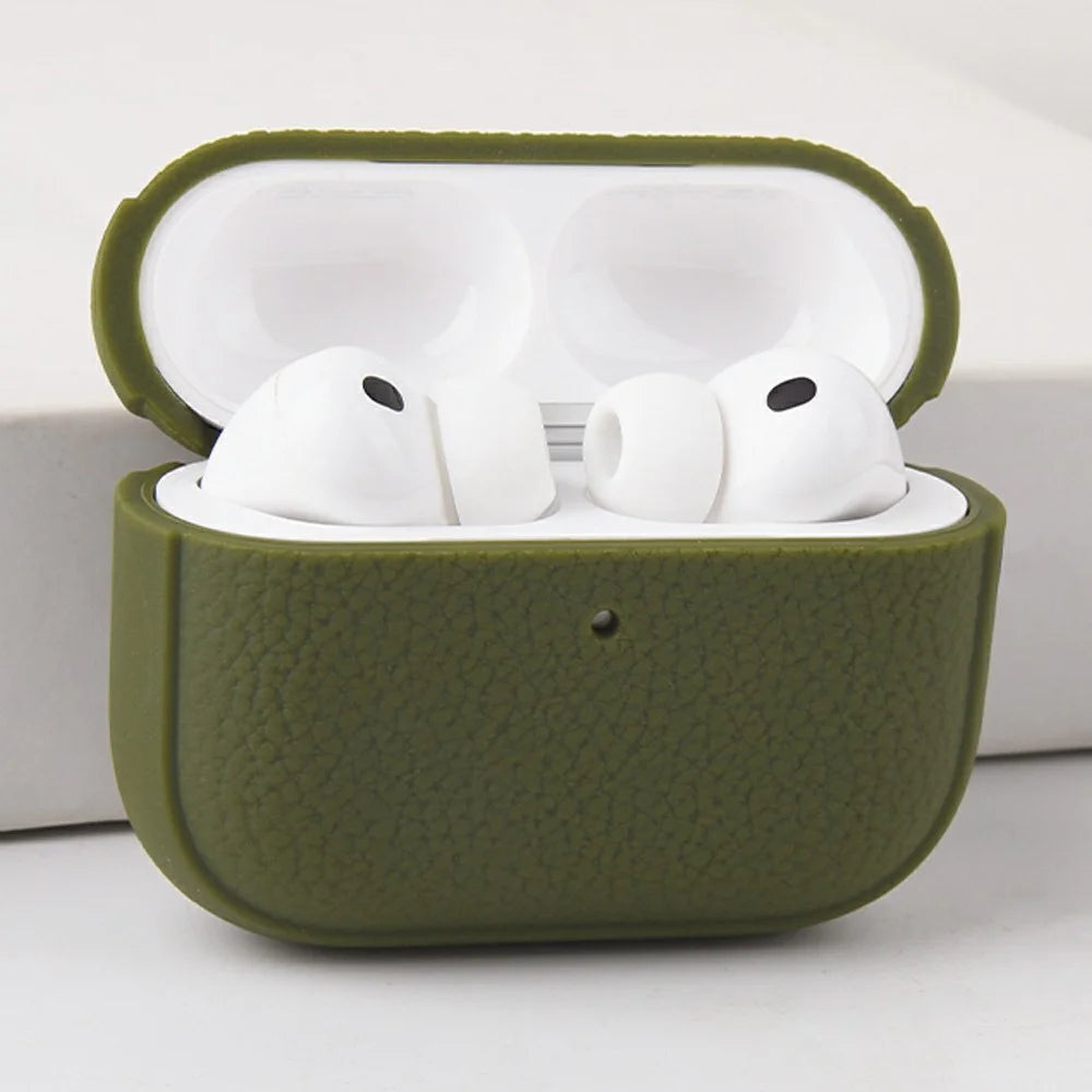 Bulk Purchasing For AirPods 4 Case Faux Leather Textured TPU Earbuds Protective Cover with Strap Ring - Army Green - 2