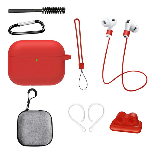 8 in 1 Accessories Kit for AirPods Pro 3 Silicone Protective Case with Hook  /  Anti-Lost Strap  /  Watch Buckle  /  Ear Hooks  /  Hand Strap  /  Cleaning Brush  /  Gray Bag - Red - 1