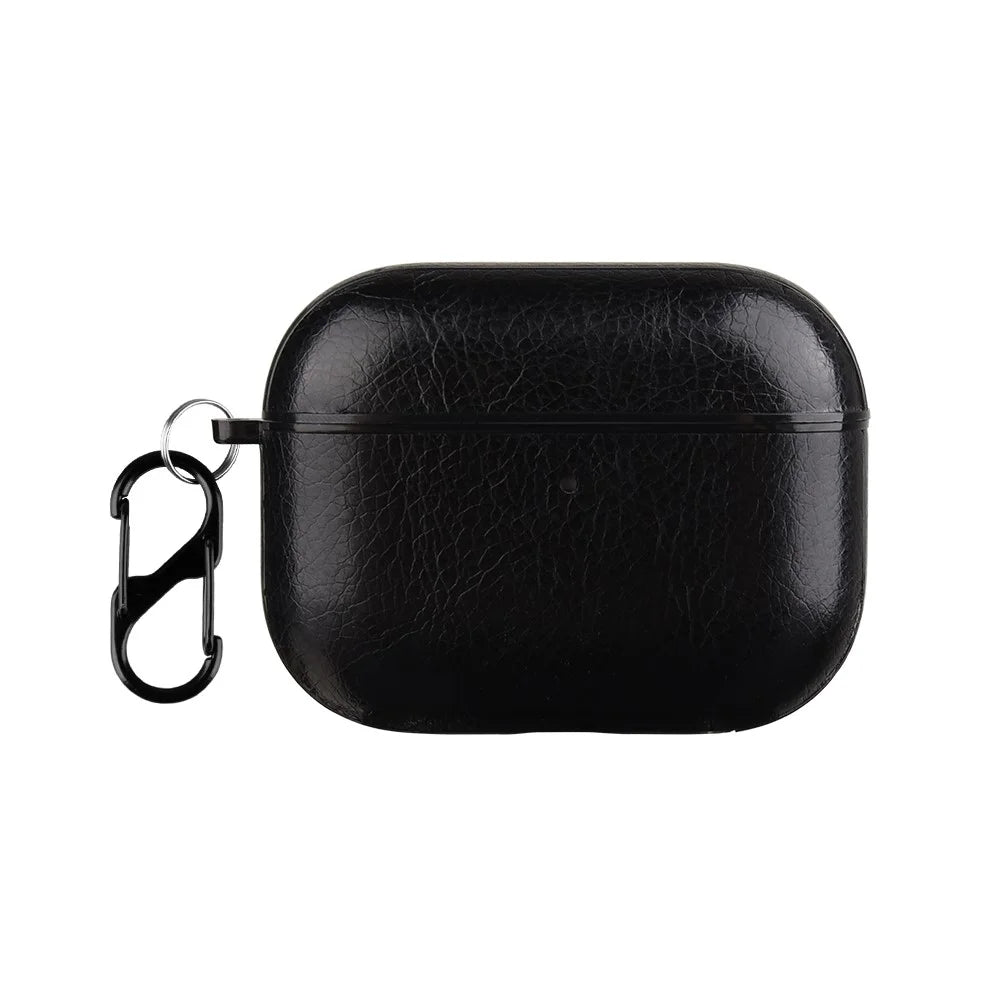 For AirPods Pro 3 Case Faux Leather Textured TPU Earbuds Protective Cover with Buckle - Black - 1