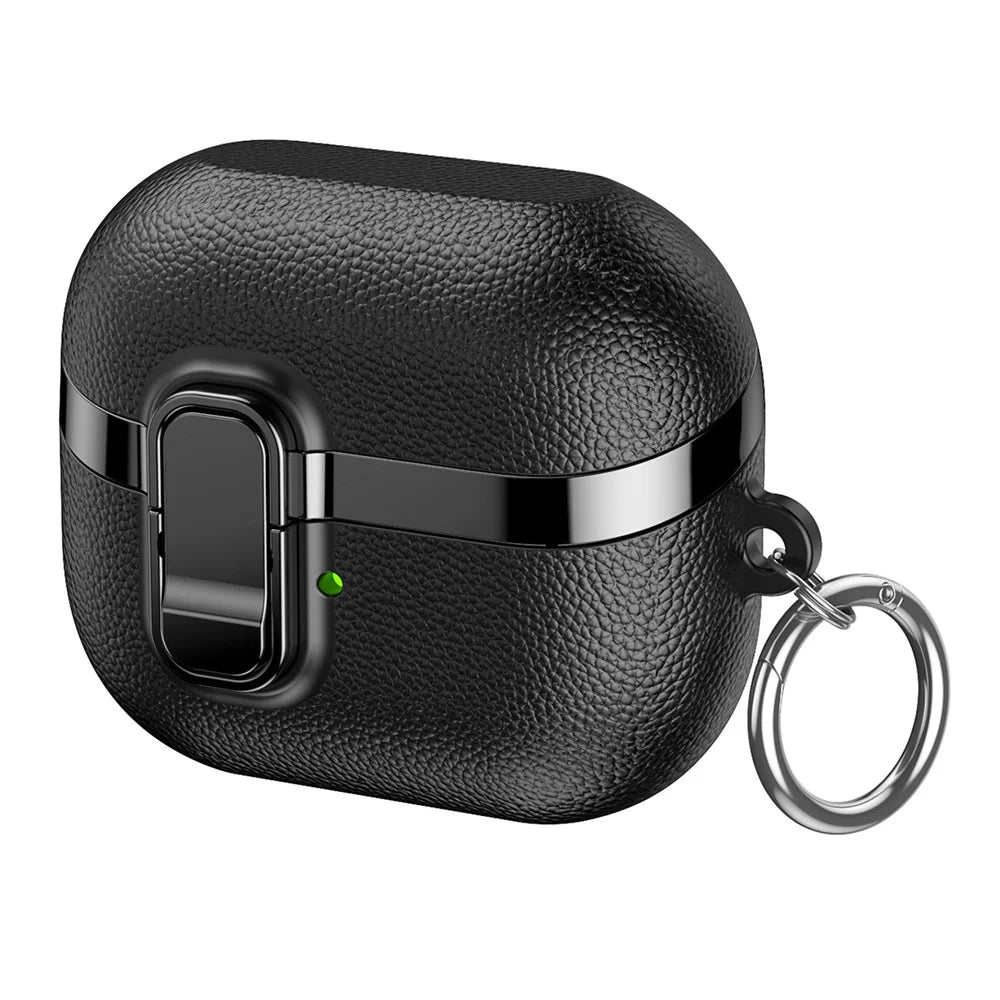 For Samsung Galaxy Buds3  /  Buds3 Pro Case Snap Switch Electroplated Litchi Texture TPU PC Earbuds Cover with Carabiner - Black - 1