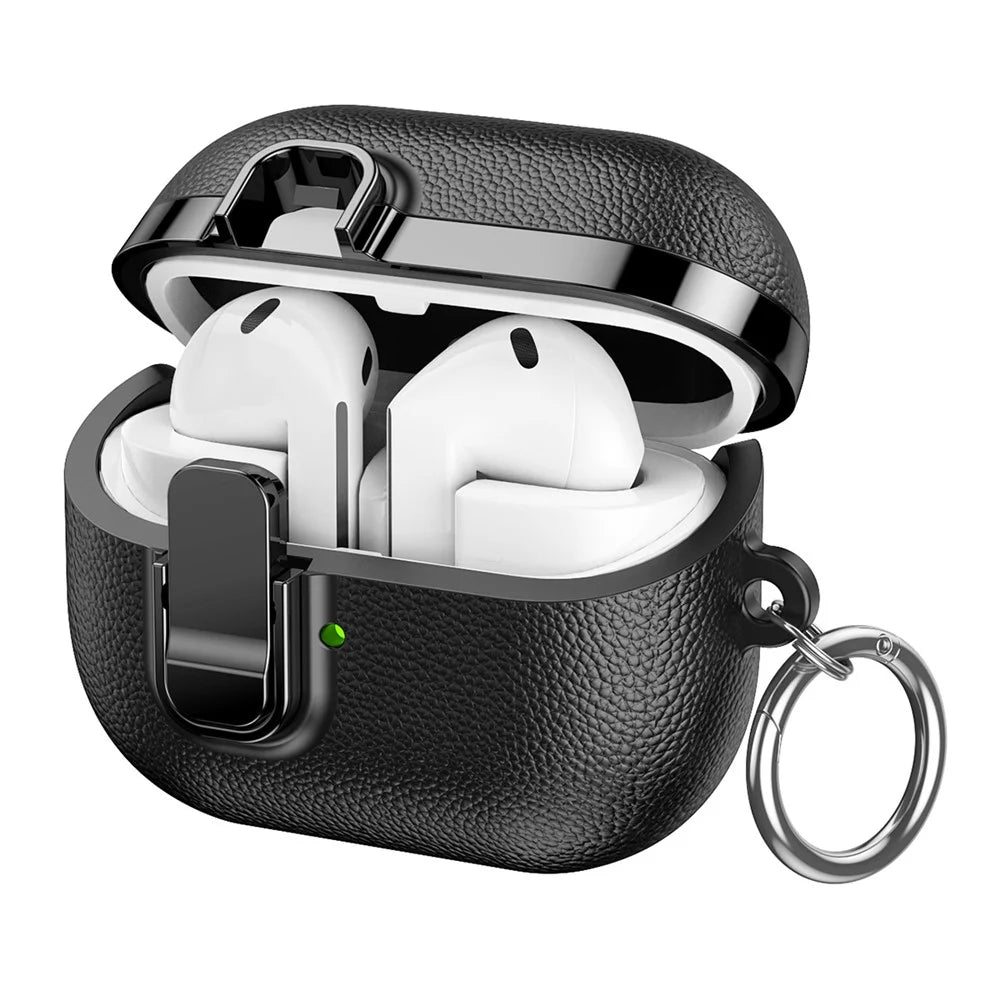 For Samsung Galaxy Buds3  /  Buds3 Pro Case Snap Switch Electroplated Litchi Texture TPU PC Earbuds Cover with Carabiner - Black - 2