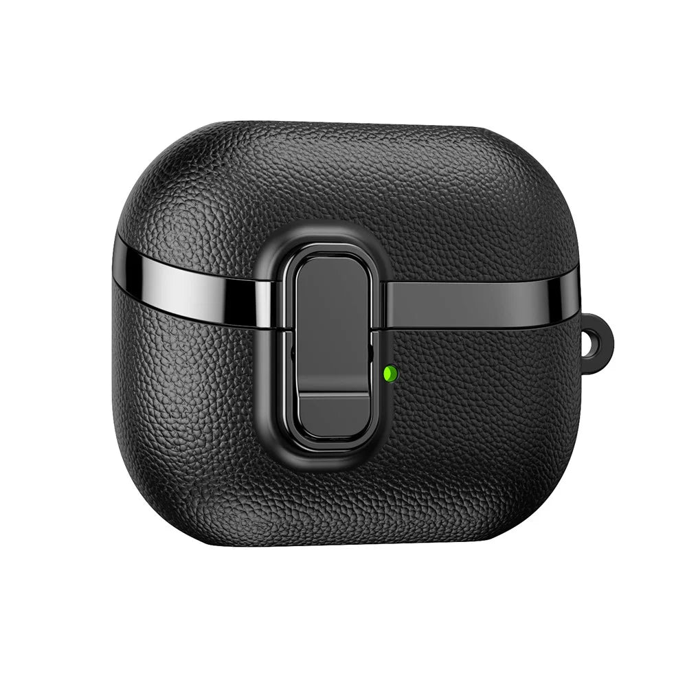 For Samsung Galaxy Buds3  /  Buds3 Pro Case Snap Switch Electroplated Litchi Texture TPU PC Earbuds Cover with Carabiner - Black - 3
