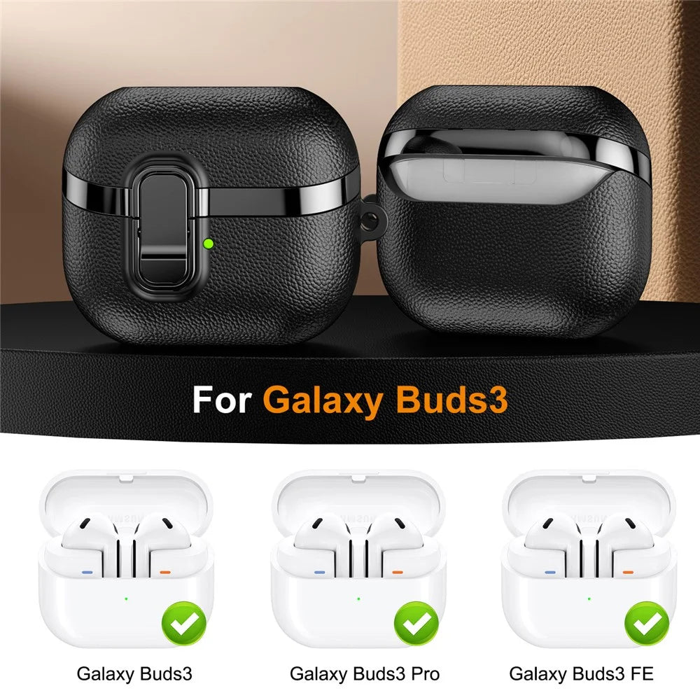 For Samsung Galaxy Buds3  /  Buds3 Pro Case Snap Switch Electroplated Litchi Texture TPU PC Earbuds Cover with Carabiner - Black - 5