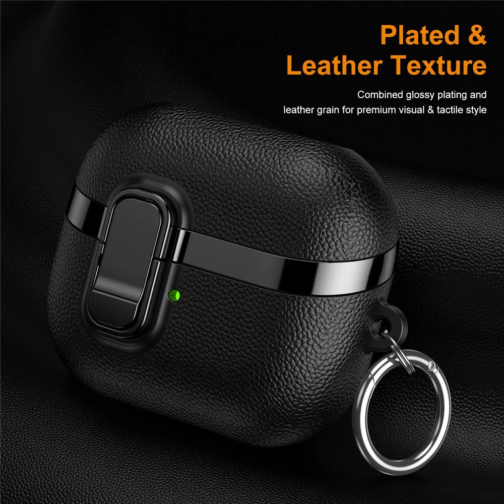 For Samsung Galaxy Buds3  /  Buds3 Pro Case Snap Switch Electroplated Litchi Texture TPU PC Earbuds Cover with Carabiner - Black - 6