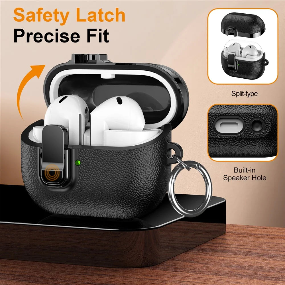 For Samsung Galaxy Buds3  /  Buds3 Pro Case Snap Switch Electroplated Litchi Texture TPU PC Earbuds Cover with Carabiner - Black - 7