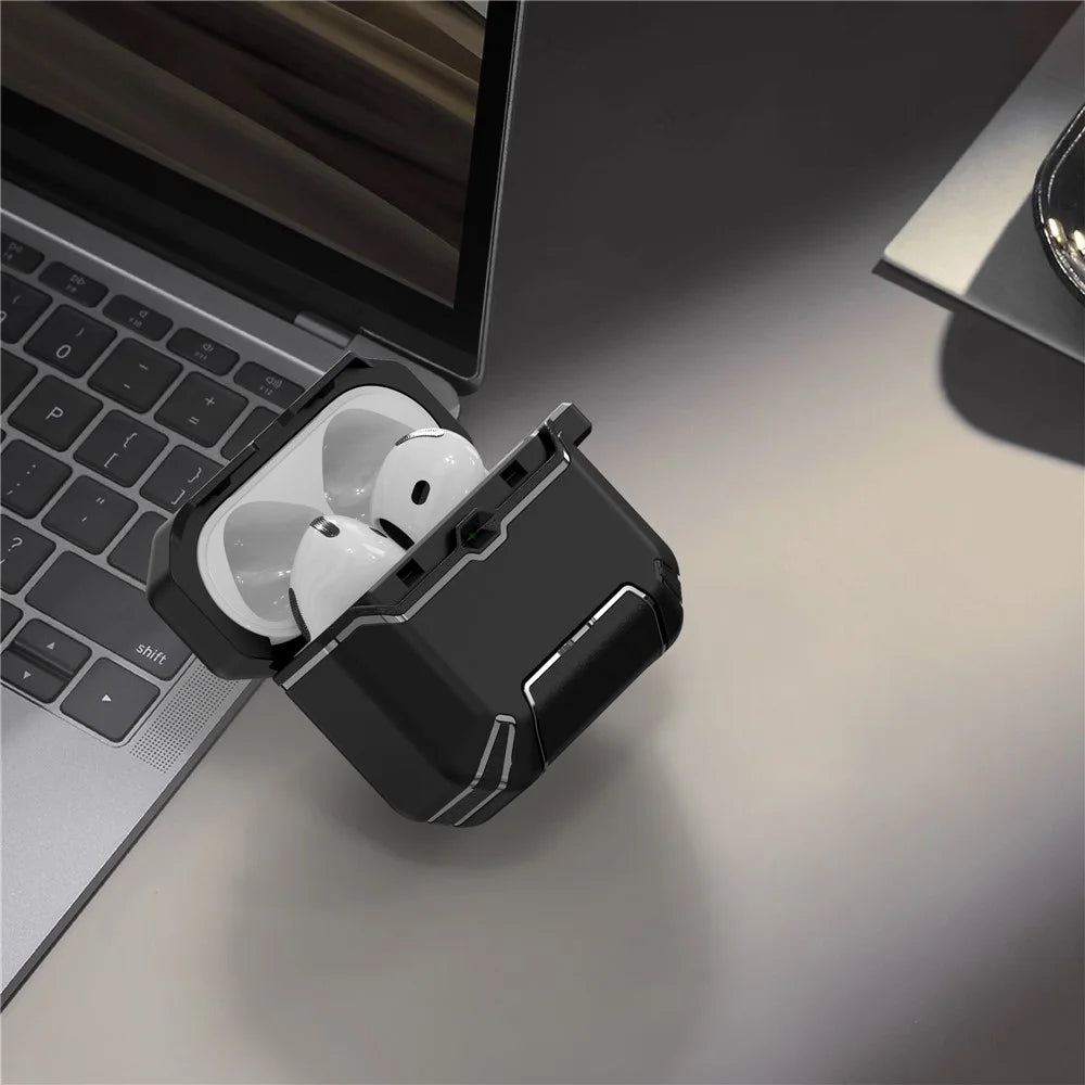 For AirPods 4 with ANC Case Foldable Stand TPU PC Earbuds Cover with Carabiner - Black - 7