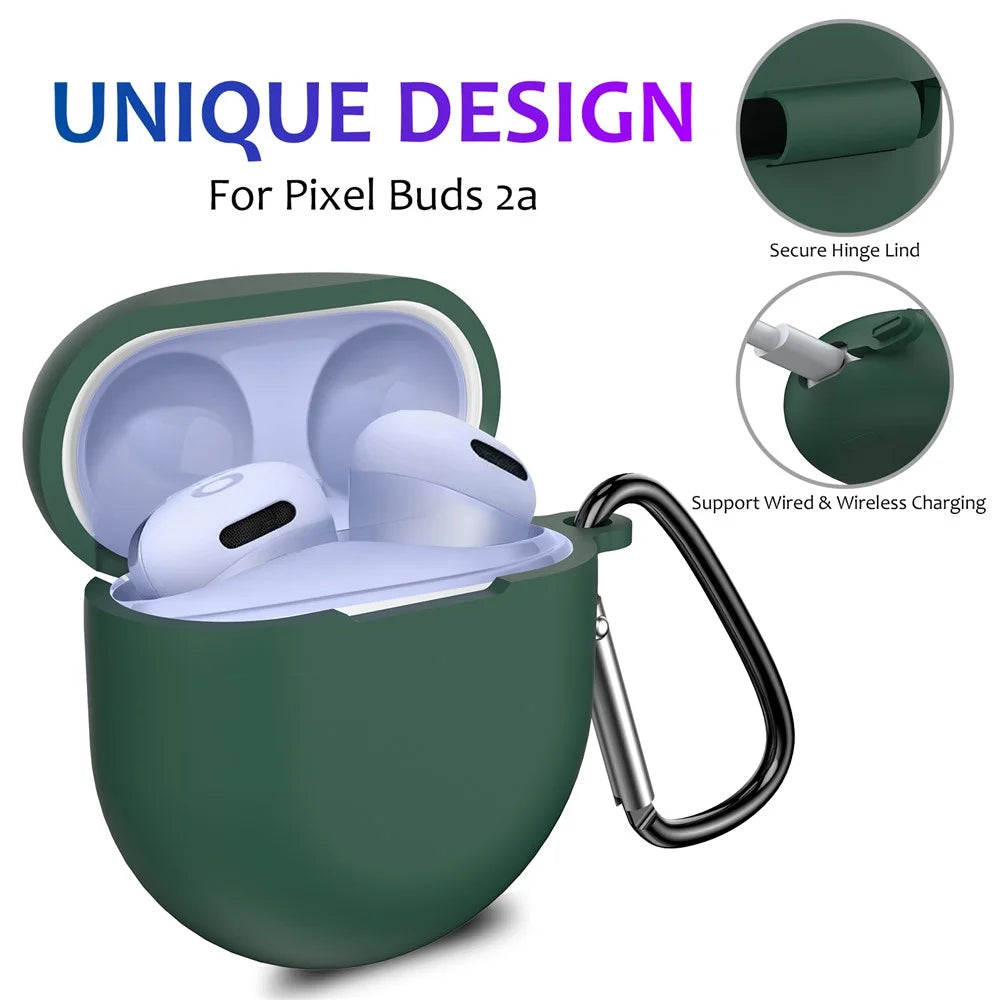For Google Pixel Buds 2a Soft Silicone Case Scratch Resistant Earphone Cover with Carabiner - Green - 3