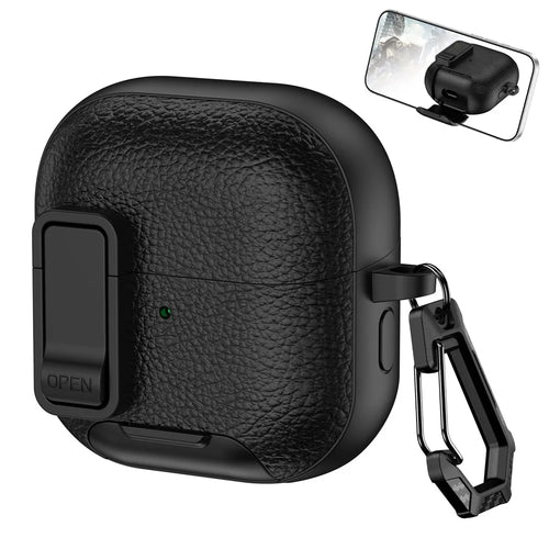 For Huawei FreeClip 2 Protective Case Leather Textured Lock Design Wireless Earbuds Cover with Phone Stand Function / Buckle - Black - 1