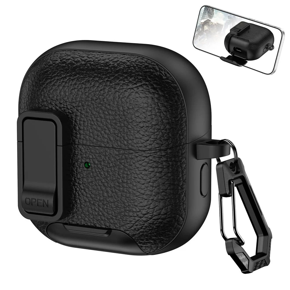 For Huawei FreeClip 2 Protective Case Leather Textured Lock Design Wireless Earbuds Cover with Phone Stand Function / Buckle - Black - 1