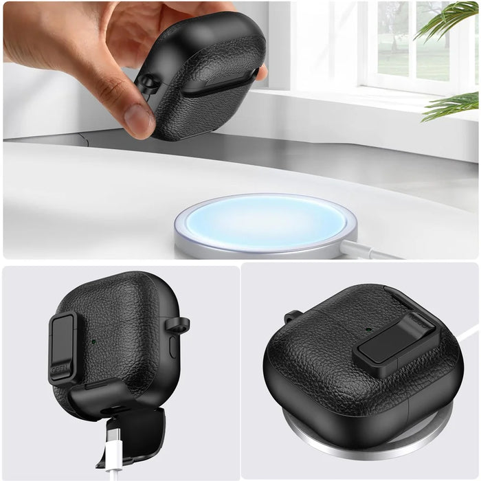 For Huawei FreeClip 2 Protective Case Leather Textured Lock Design Wireless Earbuds Cover with Phone Stand Function / Buckle - Black - 5