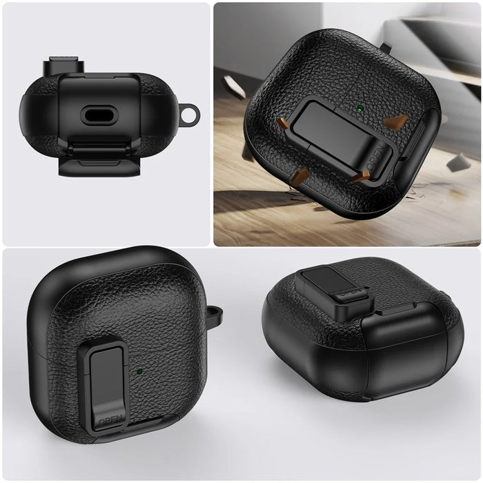 For Huawei FreeClip 2 Protective Case Leather Textured Lock Design Wireless Earbuds Cover with Phone Stand Function / Buckle - Black - 6