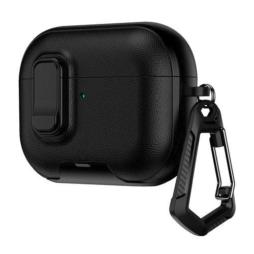 For AirPods Pro 3 Case with Stand Dual Color Texture TPU + PC Earphone Cover with Lock Buckle and Carabiner - Black - 1