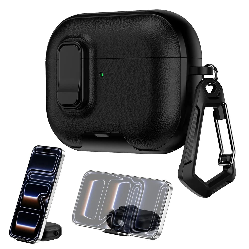 For AirPods Pro 3 Case with Stand Dual Color Texture TPU + PC Earphone Cover with Lock Buckle and Carabiner - Black - 3