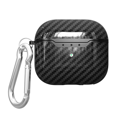 Carbon Fiber Soft TPU Shockproof Case Earphone Cover with Anti-Lost Carabiner for AirPods 3 - Black - 1