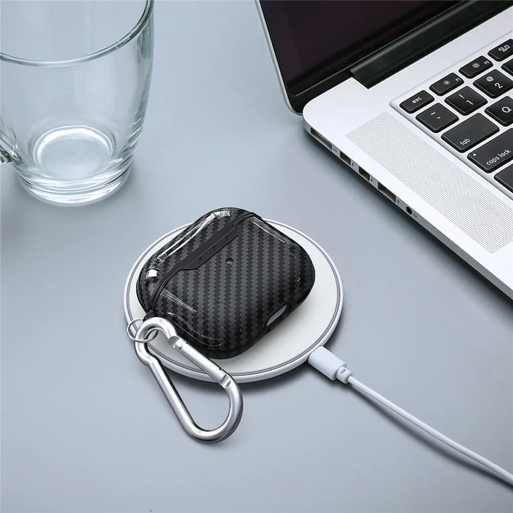 Carbon Fiber Soft TPU Shockproof Case Earphone Cover with Anti-Lost Carabiner for AirPods 3 - Black - 3