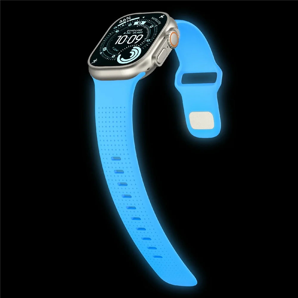 Luminous Fluorubber Strap for Apple Watch Ultra 3 2 1 49mm / Series 11 10 46mm / 9 8 7 45mm / SE3 SE2 SE 6 5 4 44mm / 3 2 1 42mm Dotted Night Glow Watch Band - Mint Blue - 4