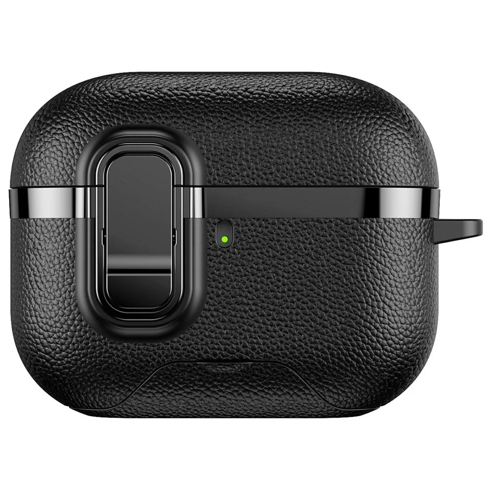 For AirPods Pro Case Foldable Stand Electroplated Litchi Texture TPU PC Earbuds Cover with Switch  /  Carabiner - Black - 3