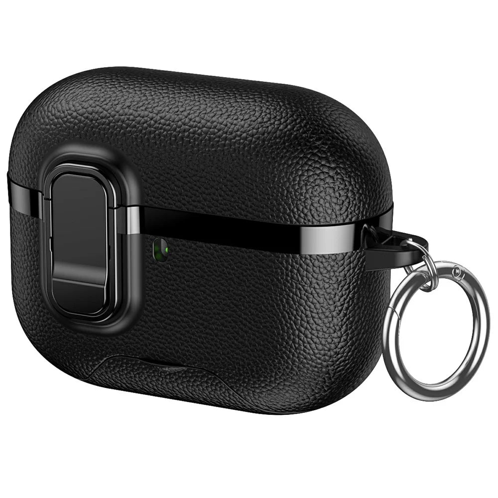 For AirPods Pro 2 Case Foldable Stand Electroplated Litchi Texture TPU PC Earbuds Cover with Switch  /  Carabiner - Black - 1