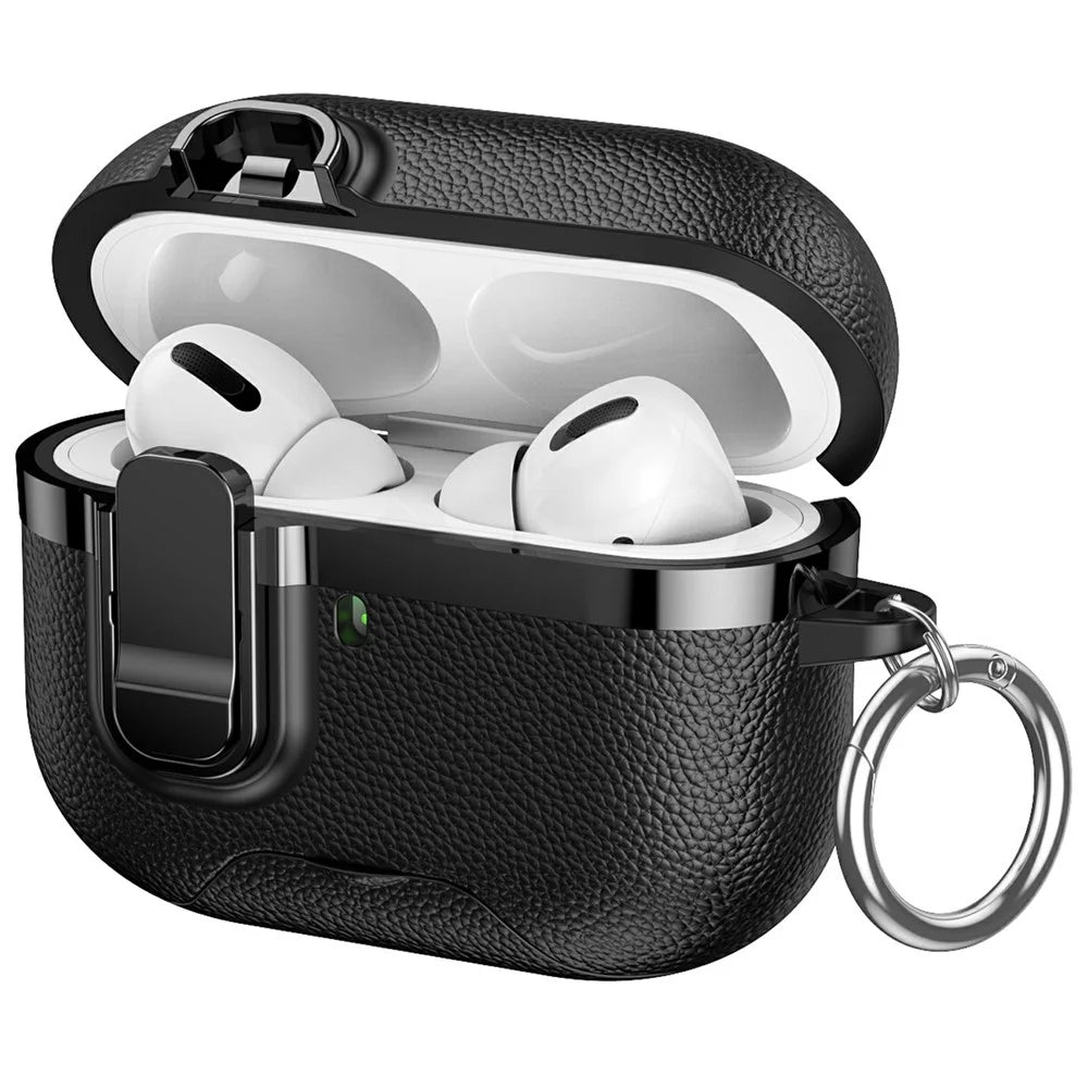 For AirPods Pro 2 Case Foldable Stand Electroplated Litchi Texture TPU PC Earbuds Cover with Switch  /  Carabiner - Black - 2