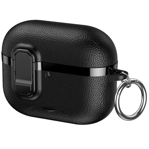 For AirPods Pro 3 Case Foldable Stand Electroplated Litchi Texture TPU PC Earbuds Cover with Switch  /  Carabiner - Black - 1