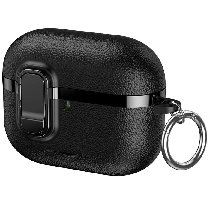 For AirPods Pro 3 Case Foldable Stand Electroplated Litchi Texture TPU PC Earbuds Cover with Switch  /  Carabiner - Black - 1