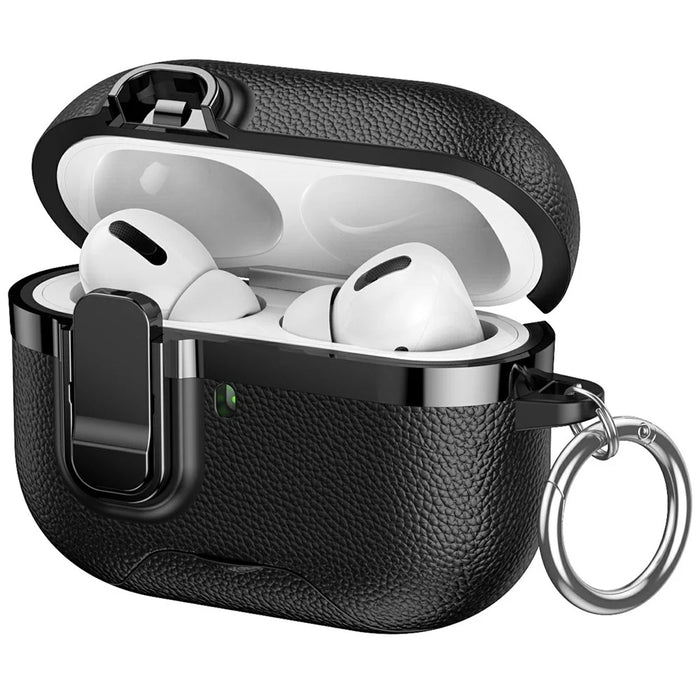 For AirPods Pro 3 Case Foldable Stand Electroplated Litchi Texture TPU PC Earbuds Cover with Switch  /  Carabiner - Black - 2