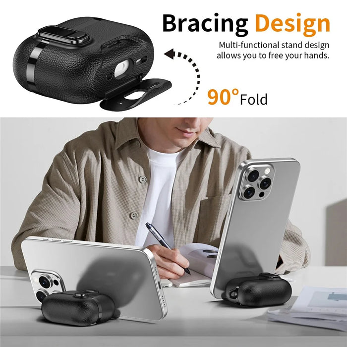 For AirPods Pro 3 Case Foldable Stand Electroplated Litchi Texture TPU PC Earbuds Cover with Switch  /  Carabiner - Black - 4