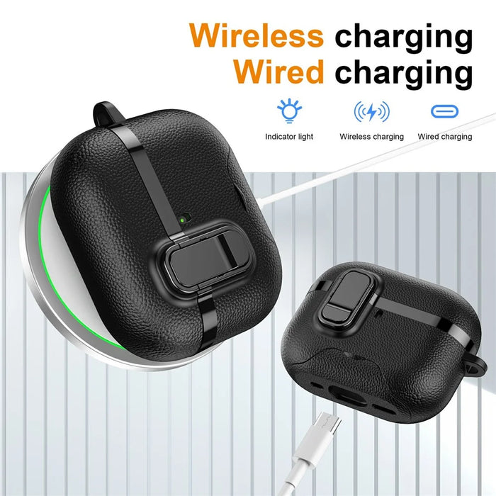 For AirPods Pro 3 Case Foldable Stand Electroplated Litchi Texture TPU PC Earbuds Cover with Switch  /  Carabiner - Black - 5