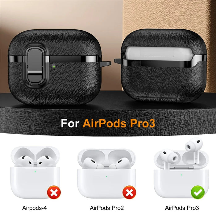 For AirPods Pro 3 Case Foldable Stand Electroplated Litchi Texture TPU PC Earbuds Cover with Switch  /  Carabiner - Black - 7